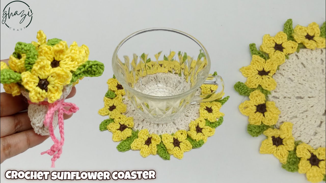 Crochet sunflower coaster tutorial / How to make crochet bouquet into coaster