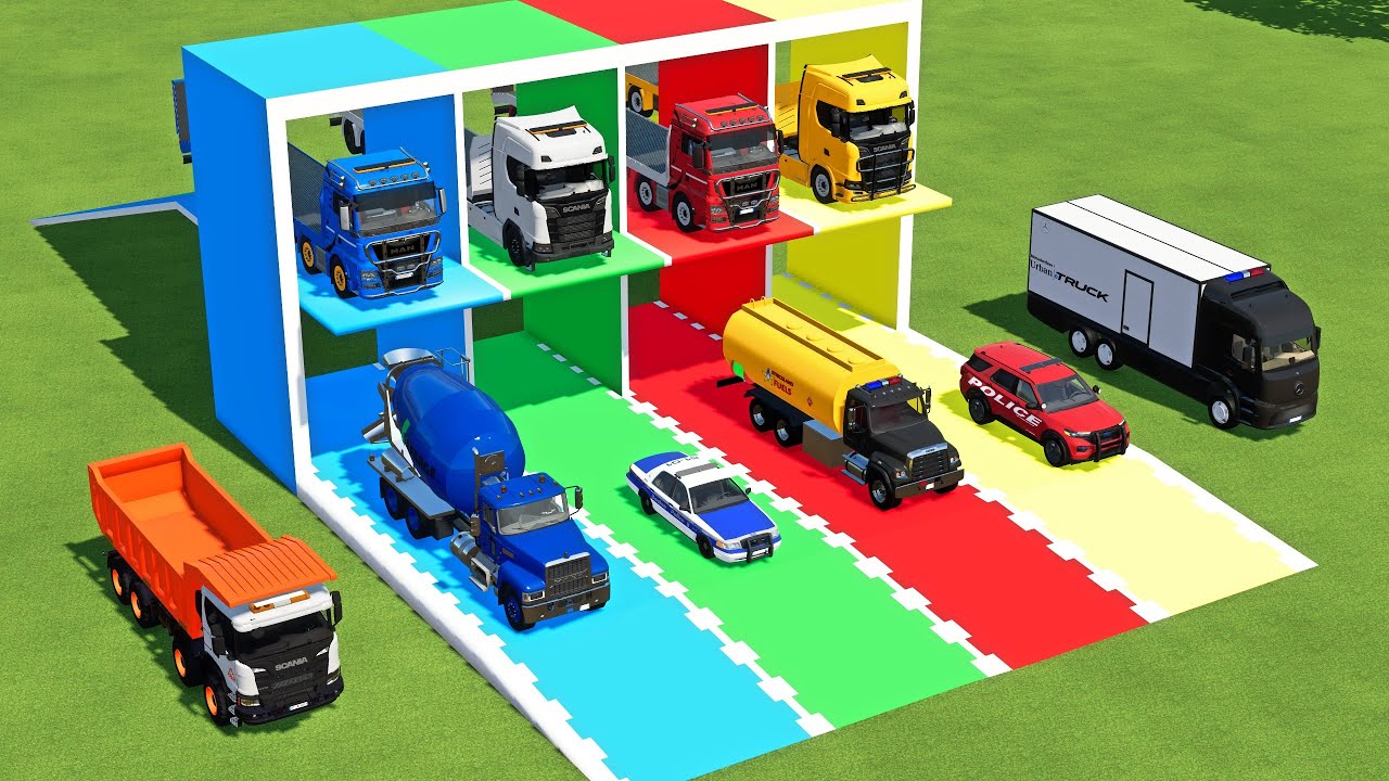 TRANSPORTING EXCAVATOR, MIXER CEMENT TRUCK, BULLDOZER, FIRE TRUCK TO GARAGE WITH MAN TRUCK - FS22