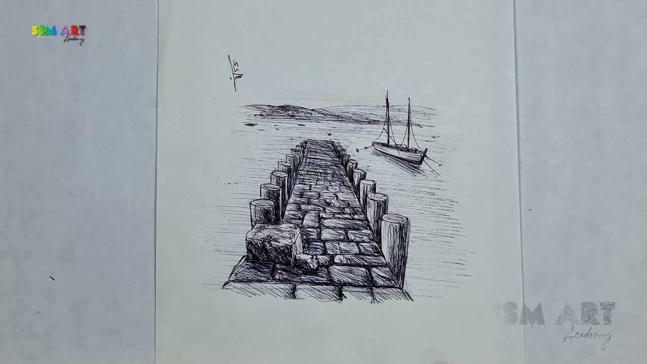 Peaceful Pier Ink Drawing | Coastal Sketch | SSM Art