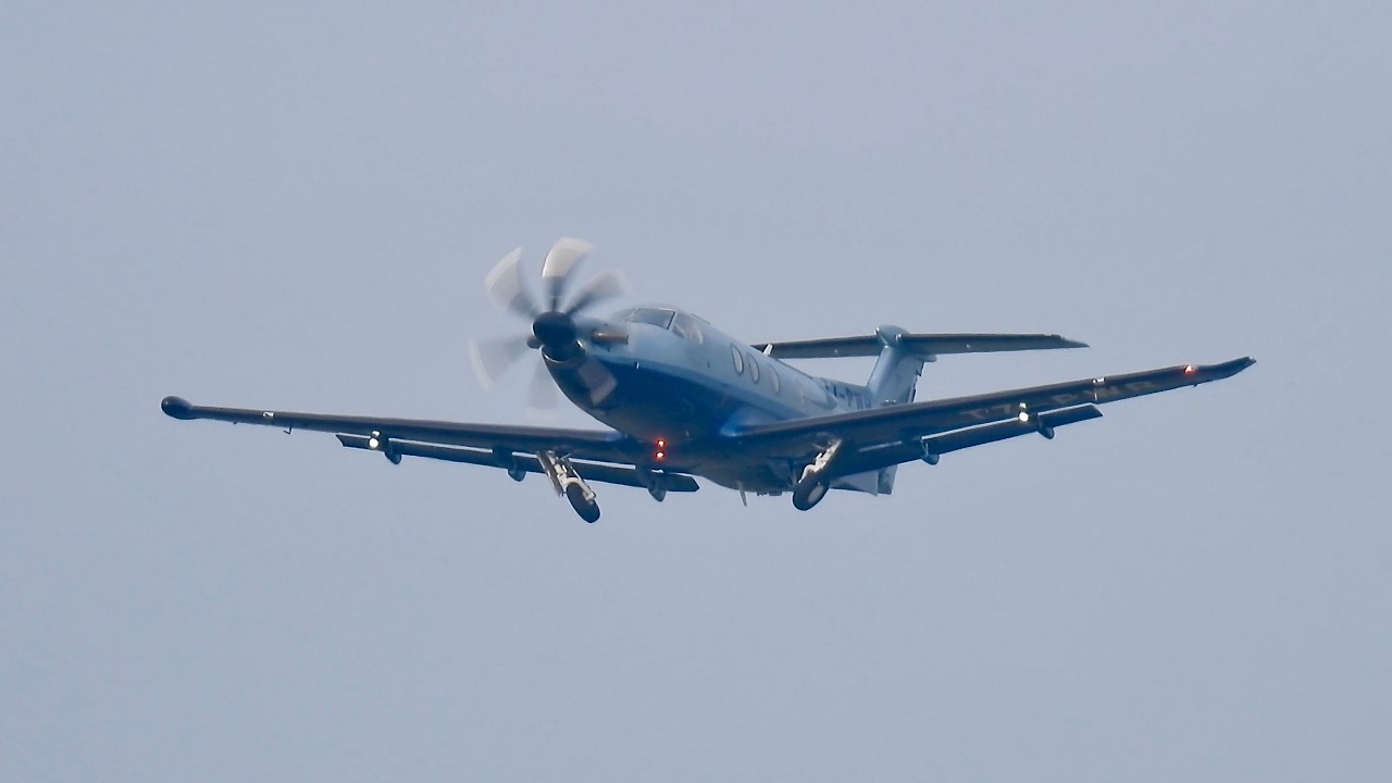 Veiled by Saharan dust | Pilatus PC-12/47 Super Legacy XP T7-PWR departing from Cambridge