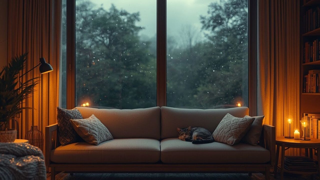 Rainy Day Cozy Room Ambience 🌧️ Warm Atmosphere, Sleeping Cat, Deep Sleep & Relaxation