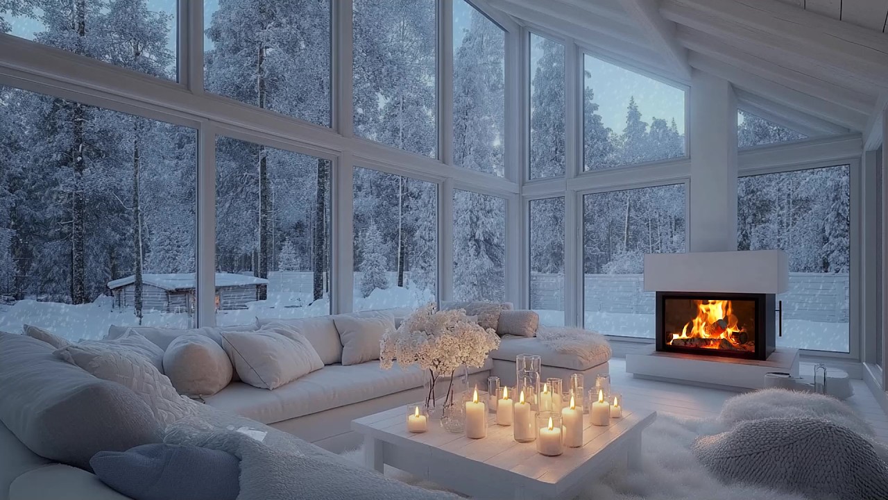 🔥🎹 Irresistible Fireplace Winter Piano Scene | Snow Outside & Soft Flowers | Calm Your Thoughts