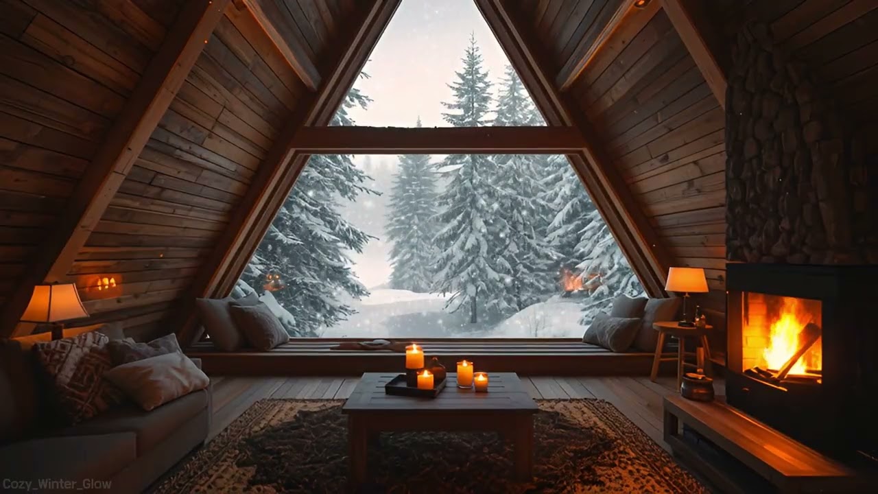 Cozy Winter Evening by the Triangle Window ❄️🔥 2 Hours Fireplace & Snow Ambience