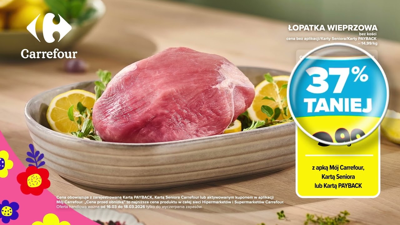 WIELKANOC SMAKUJE LEPIEJ Z CARREFOUR. ŁOPATKA WIEPRZOWA 37% taniej (9,99 zł).