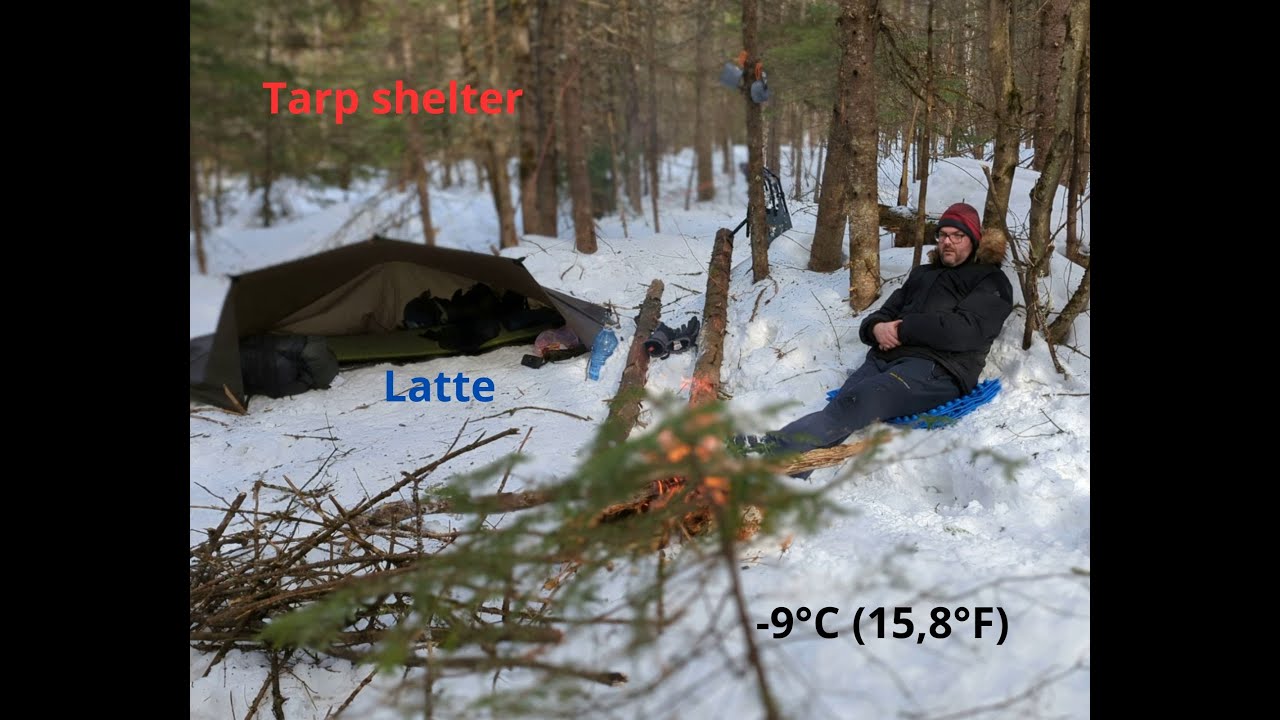 Snow Camping in a Tarp Shelter - Starting Fire with Dryer Lint - Latte - Bushcraft -9°C (15,8°F)