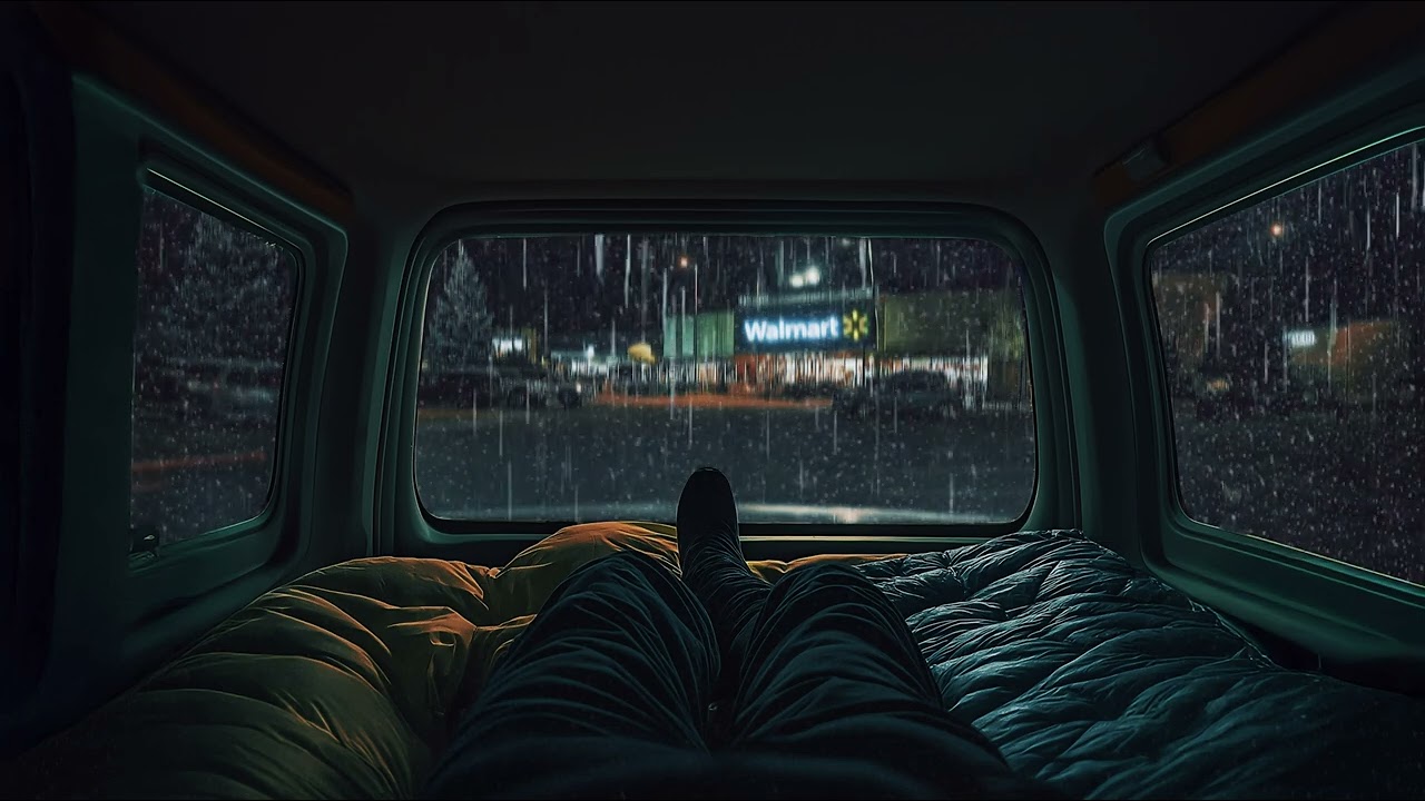 POV Cozy Stealth Camping in Walmart Parking Lot | Calm Rain Ambience