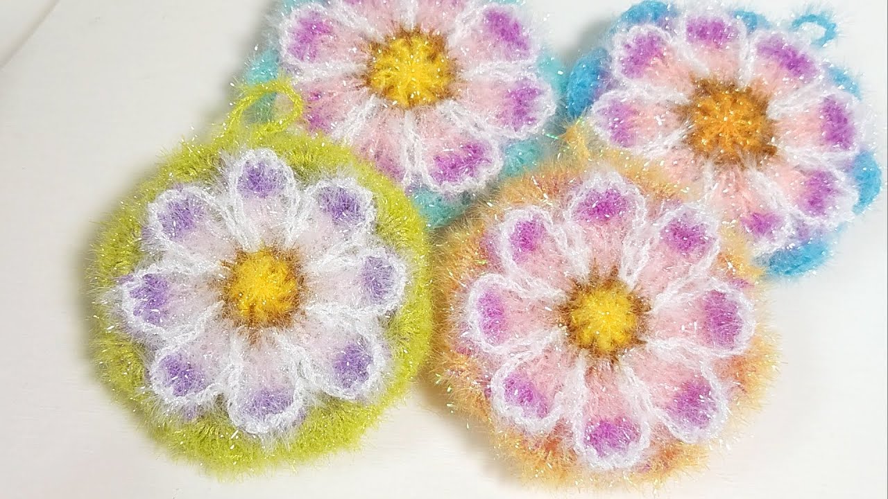 수세미뜨기/ 코스모스 호빵 수세미/ Crochet cosmos flower/ Crochet dish scrubber