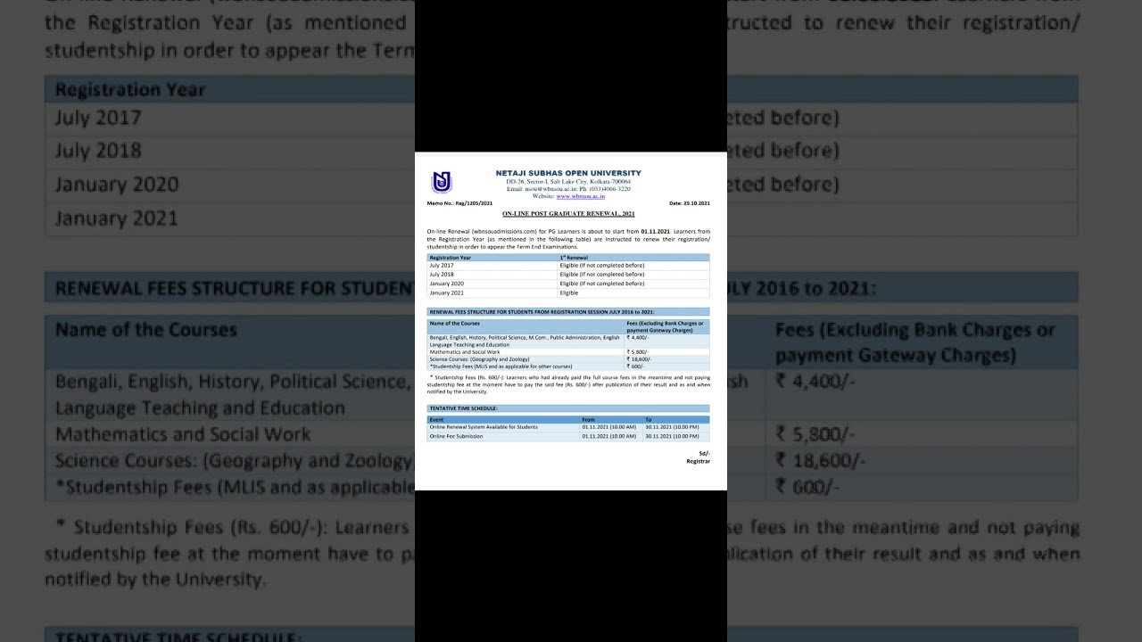 NSOU PG Renewal Notice