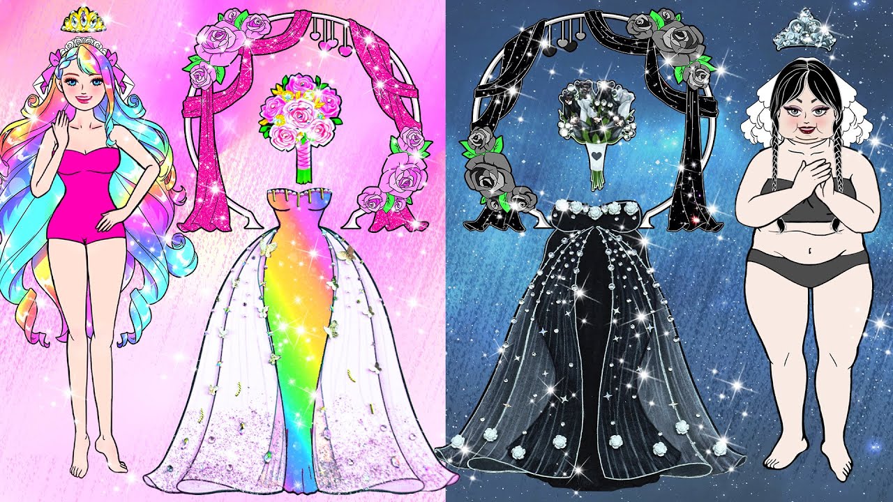 Barbie Dolls Dress Up - Fat Bride VS Thin Bride Makeover Challenge | Pink VS Black Barbie Wedding