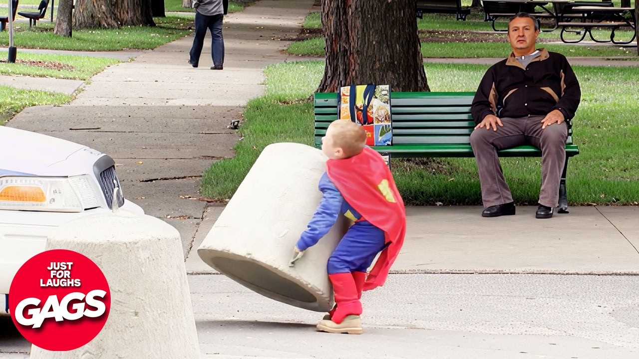 Superman Boy Tries To Move Concrete Barrier In Park! | Just For Laughs Gags