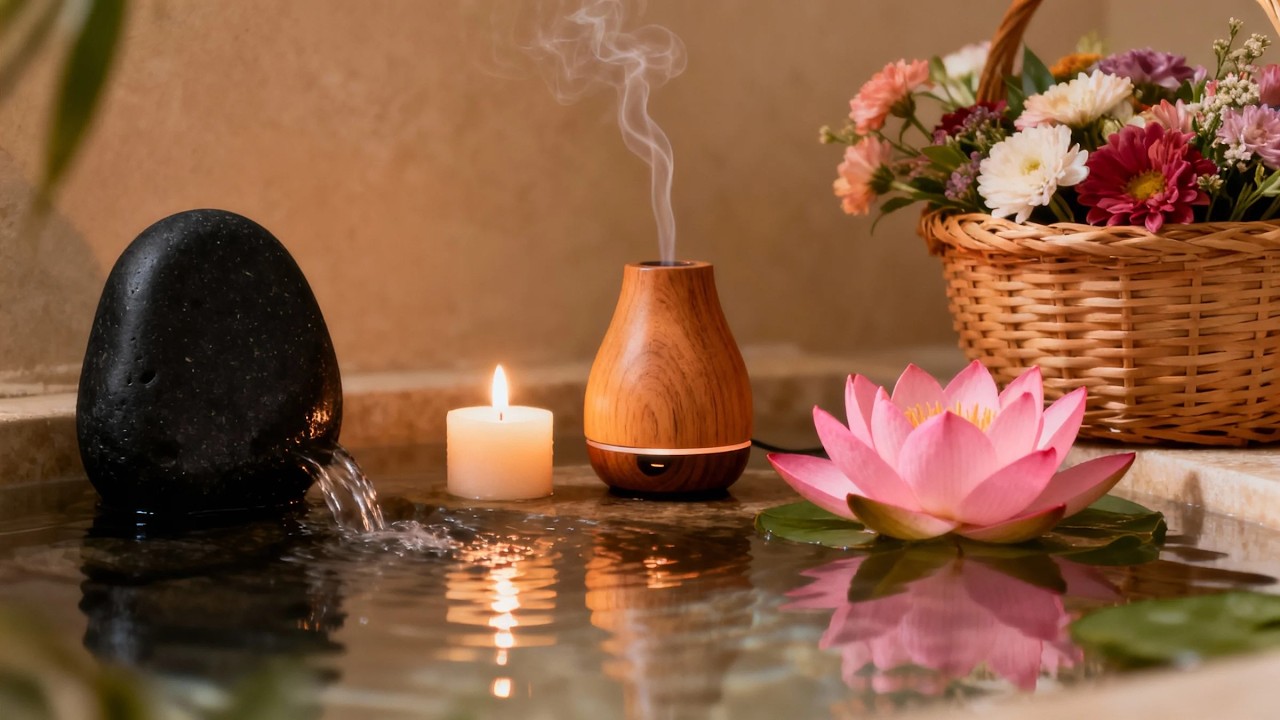 SPA RELAXATION MUSIC WITH FLOWING WATER AND GENTLE PIANO