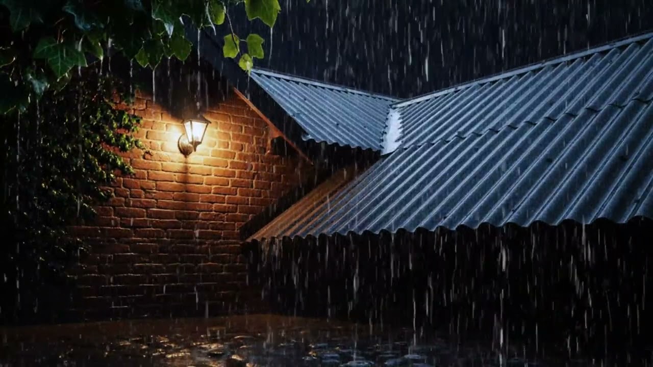 4K Video Real Night Rain on Tin Roof in Narrow Village Street