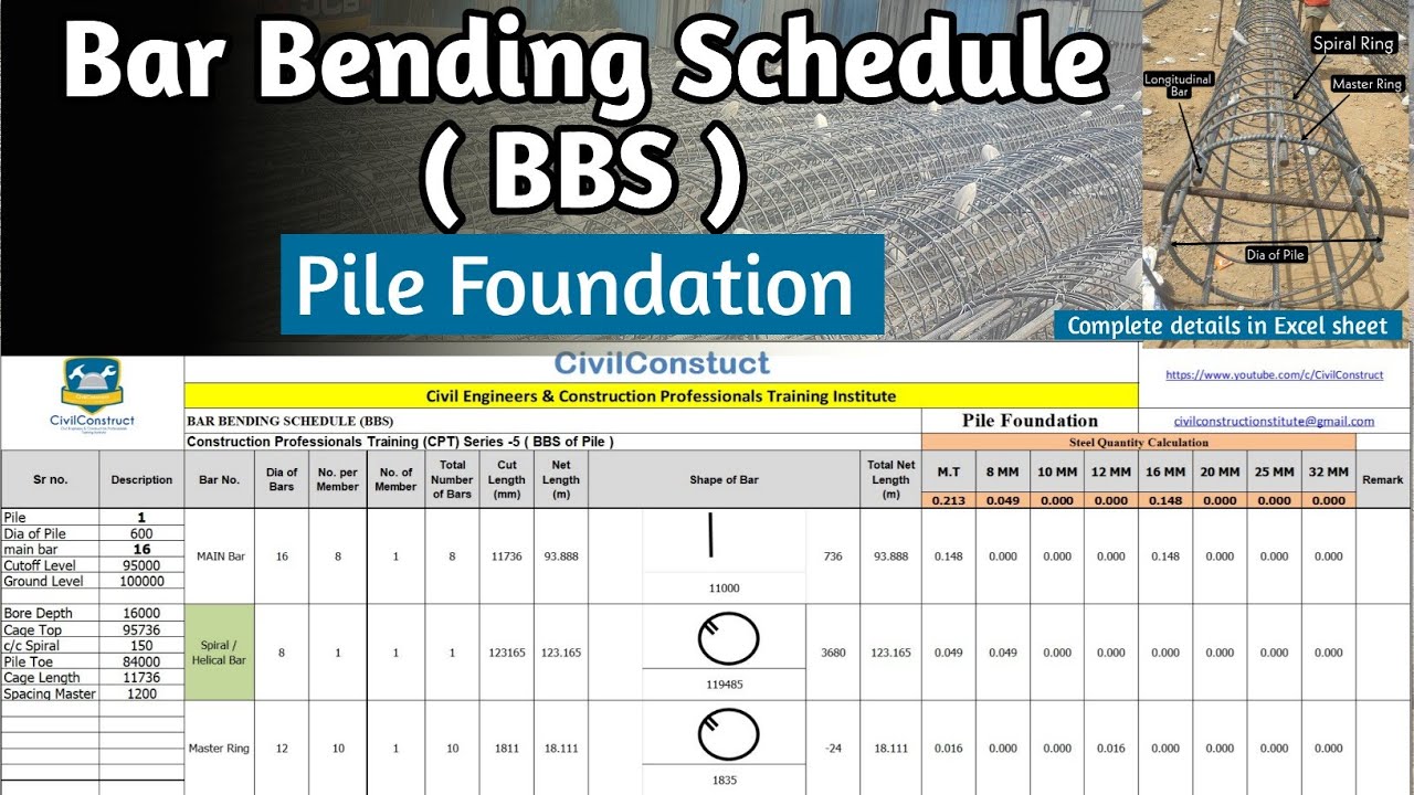 Bar Bending Schedule (BBS) of Pile Foundation in Excel l Pile Cage l Helical Ring
