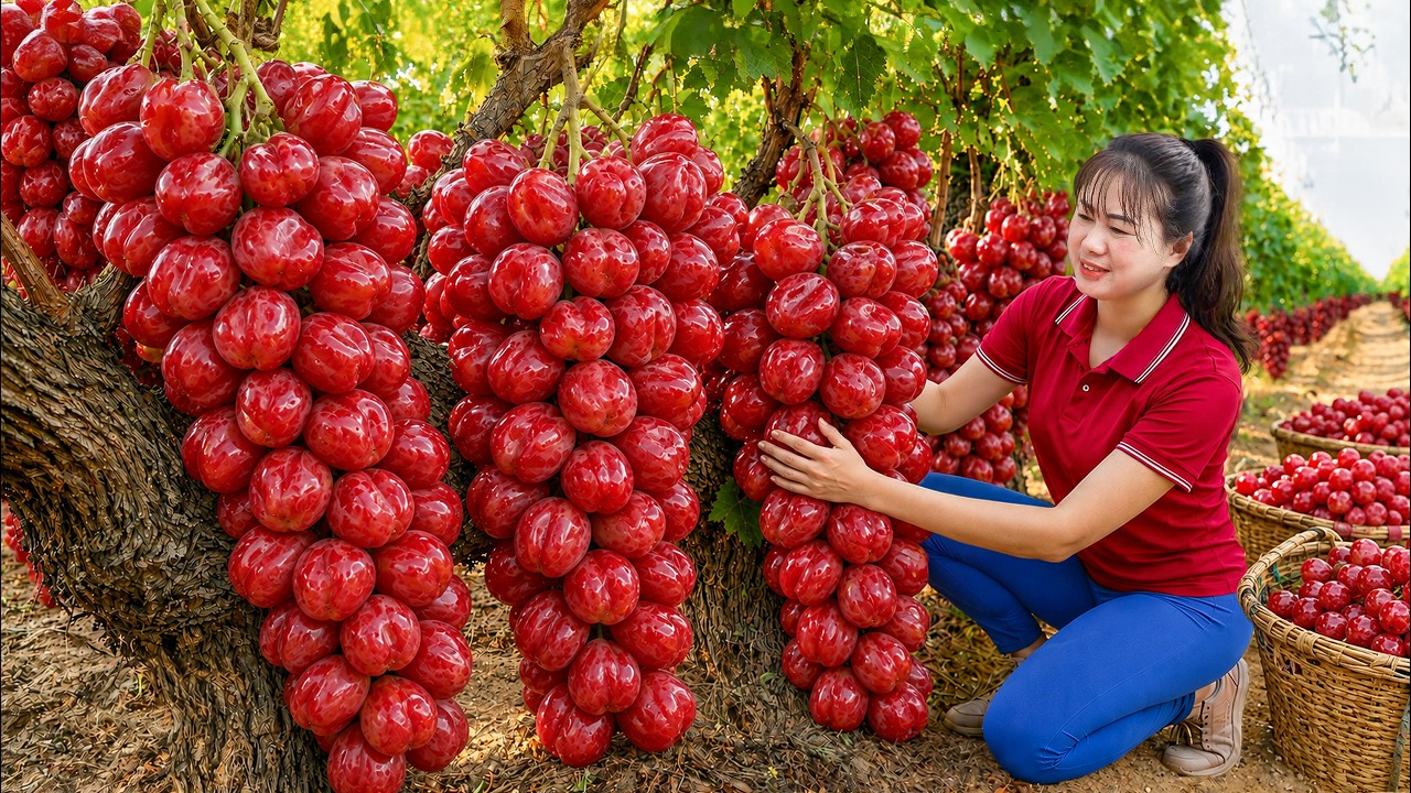 Harvesting 299KG of Ruby Red Grapes to Sell at Market | Ripe Grapes Among Green Leaves
