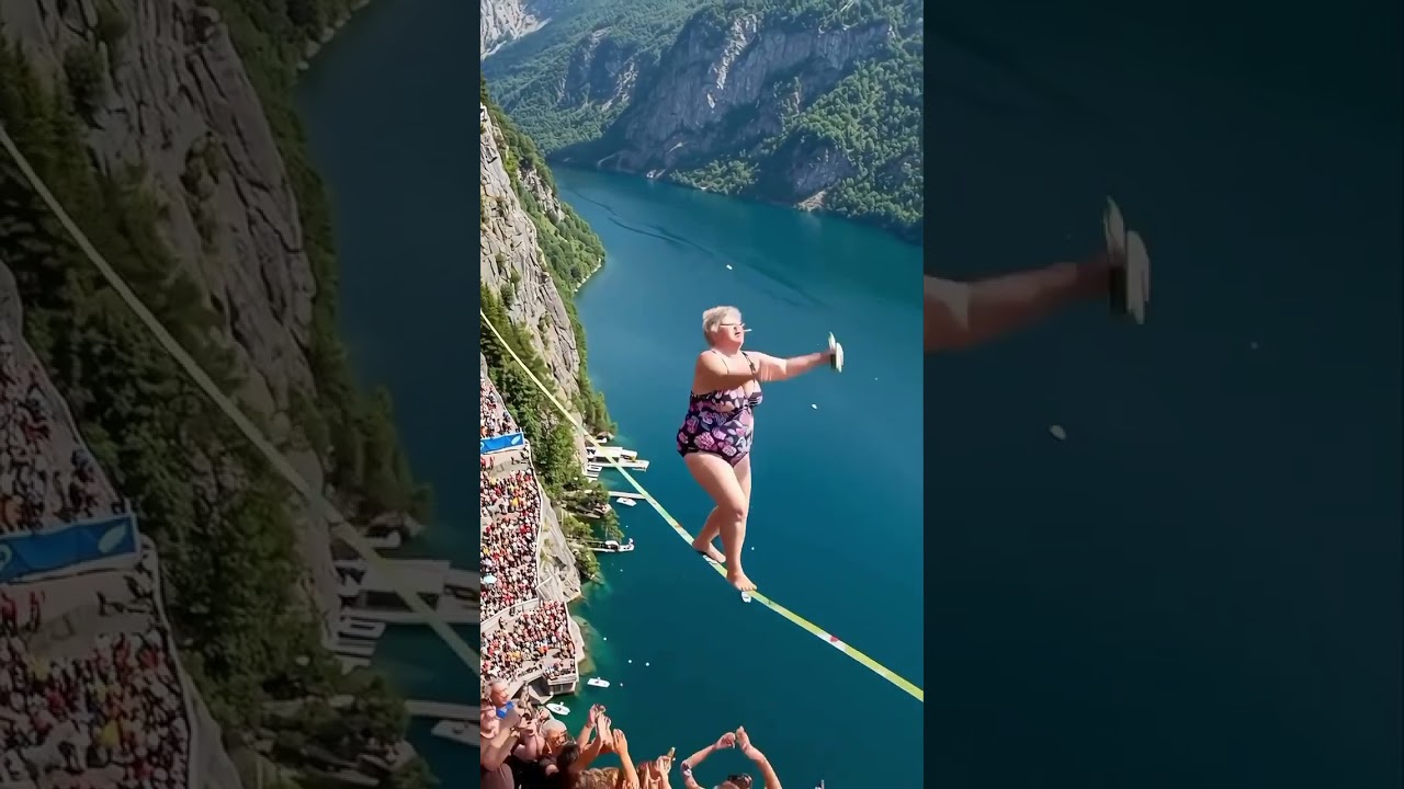 Grandma&rsquo;s CRAZY Highline Walk! 😱🔥#ai #highline #slackline #balancing #extreme #epic #crowd #shorts