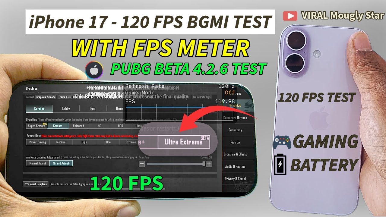 iPhone 17 BGMI 120 FPS TEST WITH FPS METER | IPHONE 17 PUBG 4.2.6 BETA 120 FPS TEST 🔥