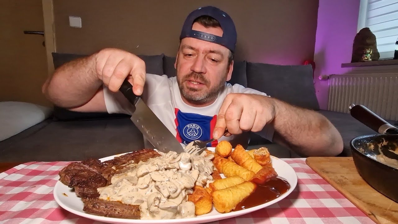 Rindersteak mit Champignon-Sahnesoße und Kroketten /MUKBANGVIDEO/