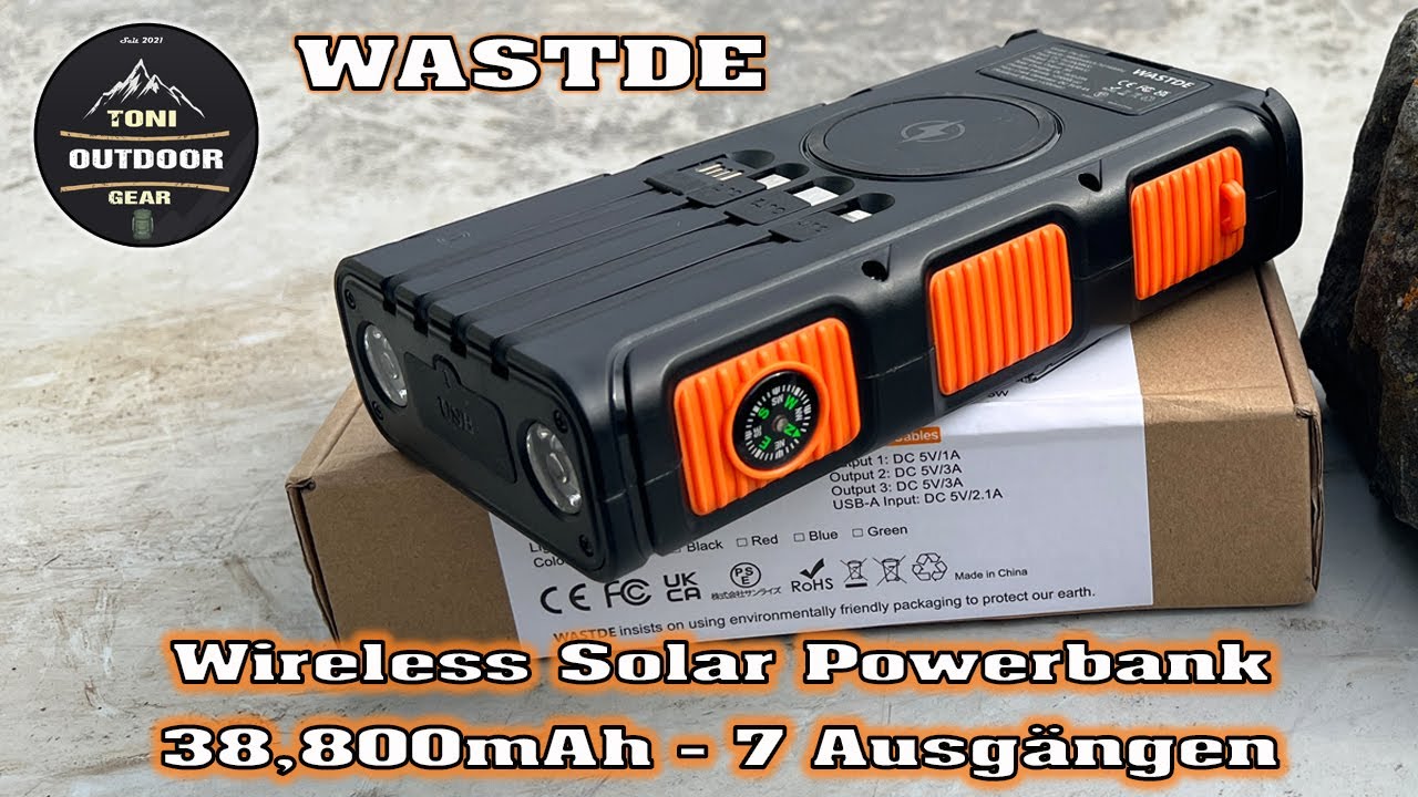 Wastde Wireless Solar Powerbank 38,800mAh mit Handkurbel, Solarpanel #powerbank #akku #aufladen