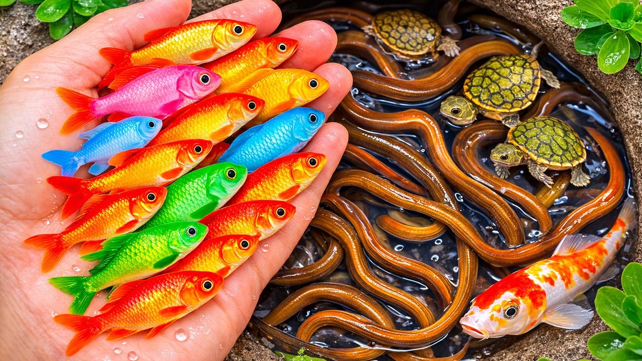 Catching Beautiful Aquarium Fish in a Tiny Pond | Baby Turtles, Cherry Fish, Platyfish & Koi 🐠