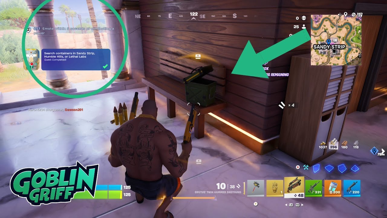 Как обыскивать контейнеры в локациях Sandy Strip, Humble Hills или Lethal Labs | Fortnite
