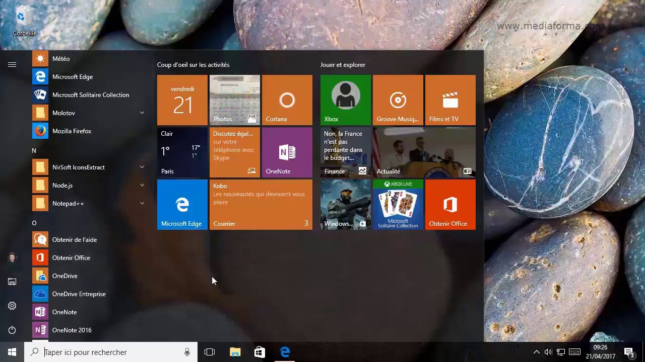 Menu D&eacute;marrer sur Windows 10