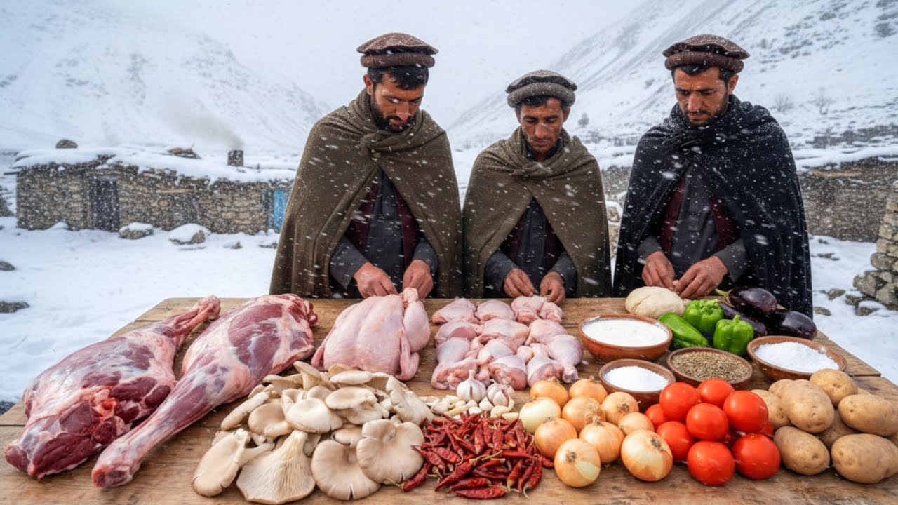 Shepherds Living in Afghanistan Mountains: Cooking Chicken And turnips on Traditional Stove