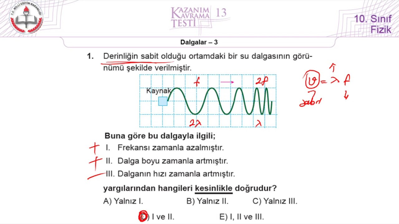 10.Sınıf MEB Fizik Kazanım Kavrama Testi-13 Dalgalar-3 [2019-2020]