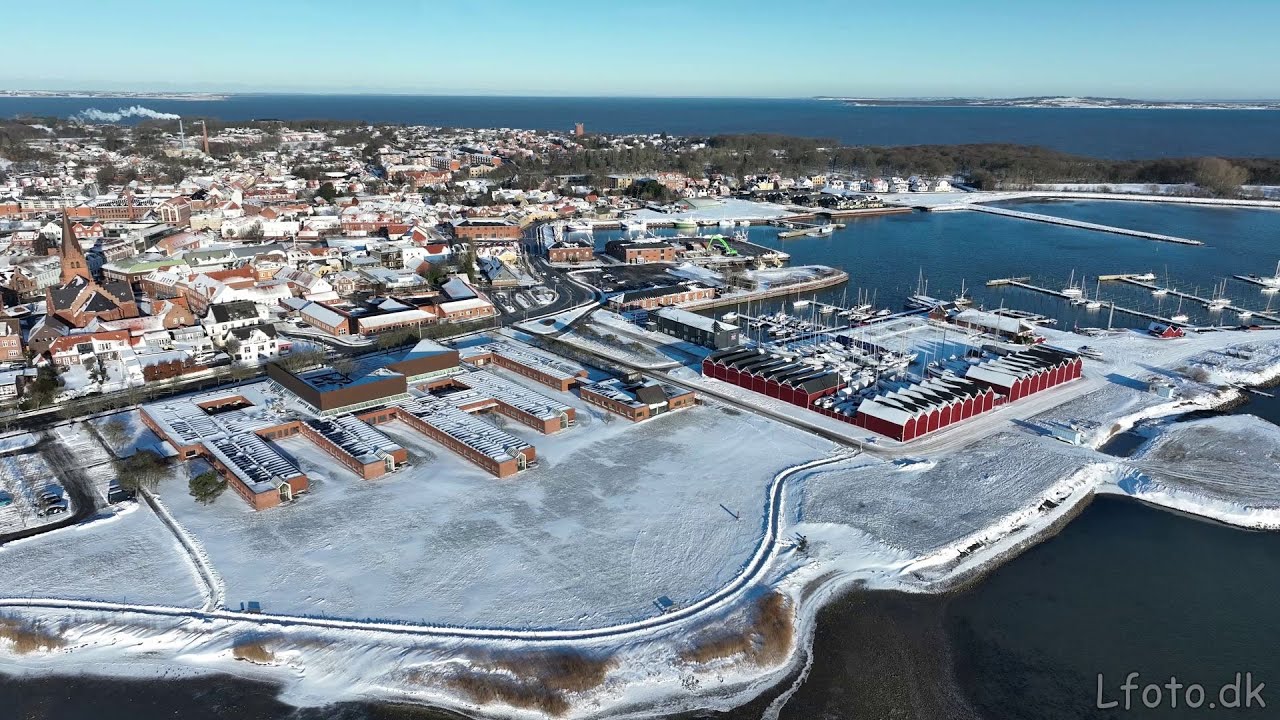 Snow-covered Denmark seen from a drone