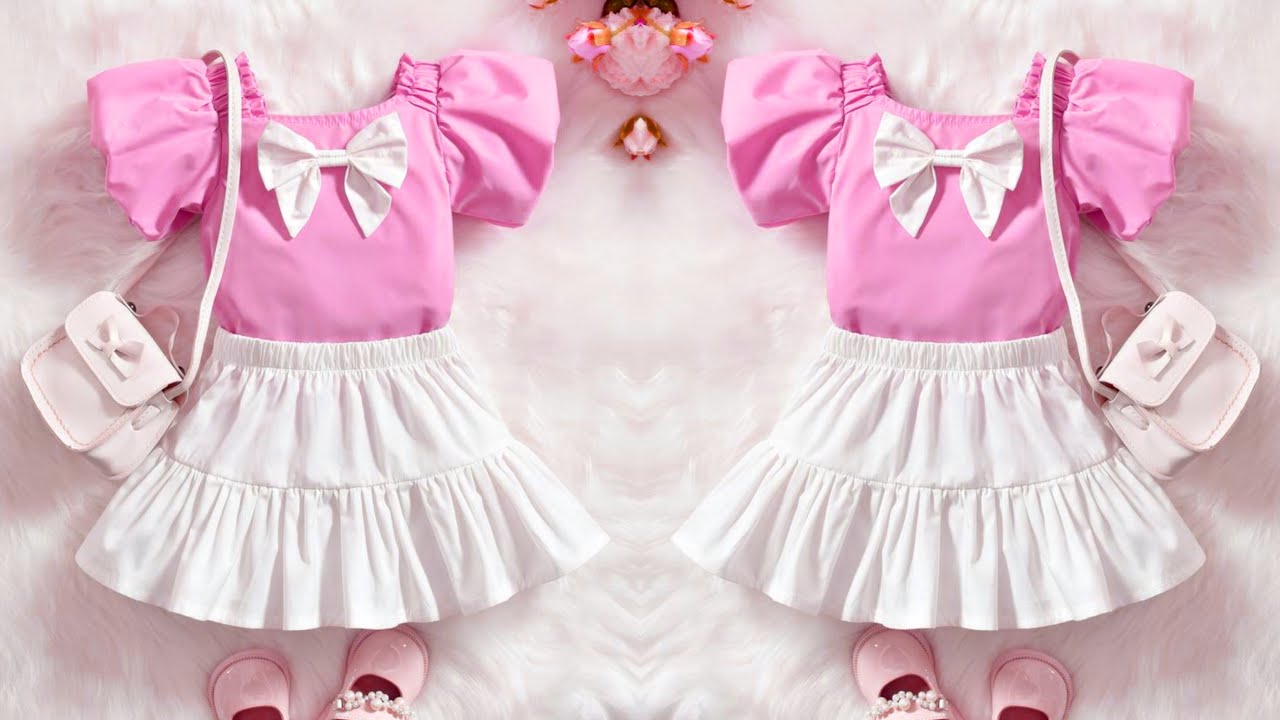 Beautiful Bow Front Puff Sleeve Baby Top With Skirt Cutting And Stitching/Baby Dress Design
