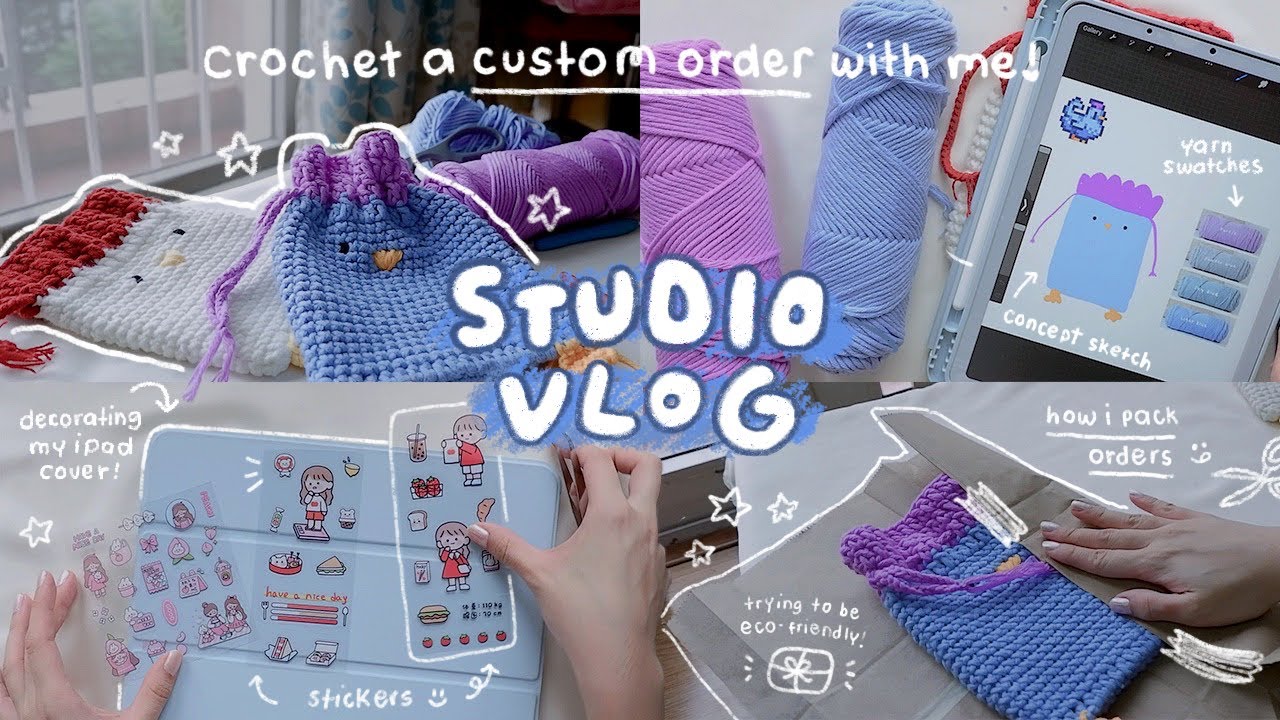 how i pack orders, crochet a commission with me, decorating my ipad w stickers | craft studio vlog