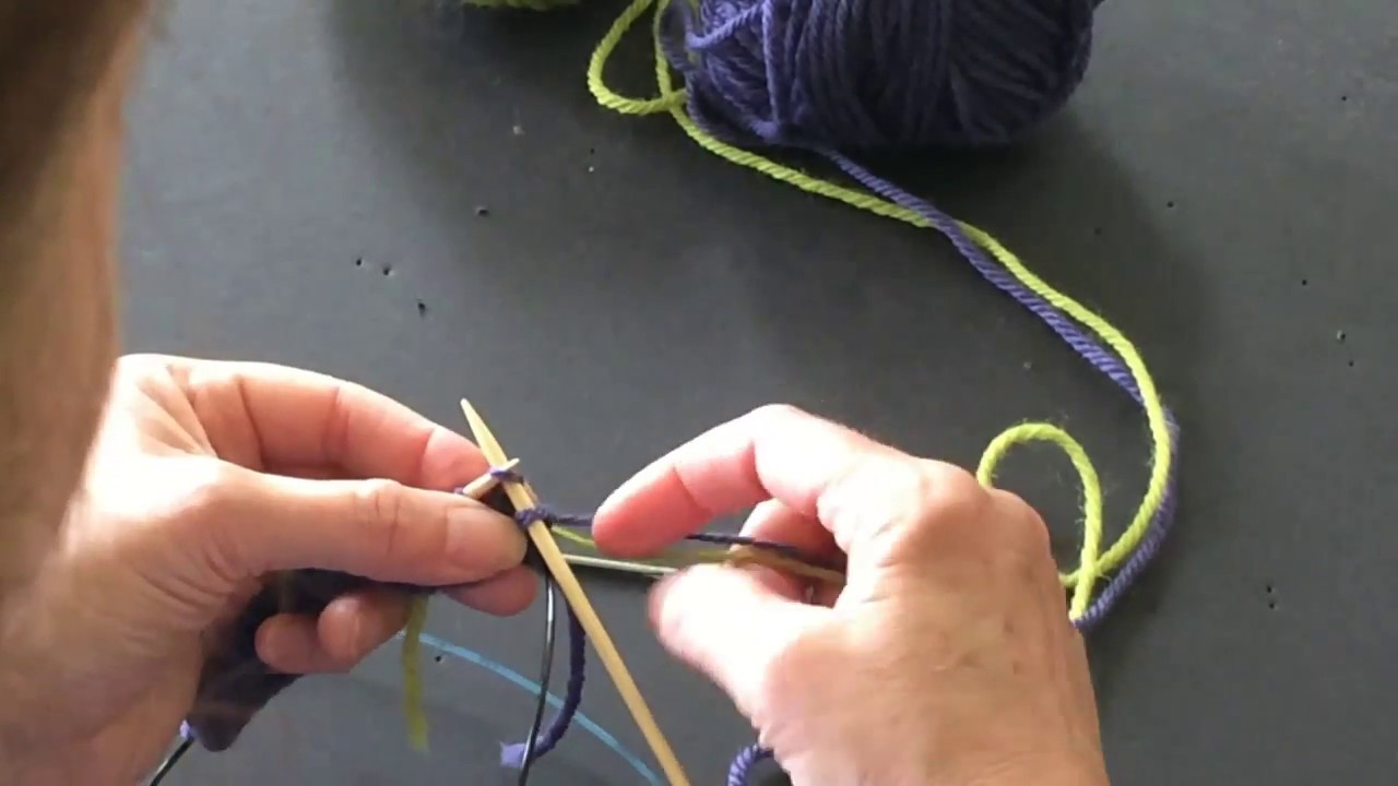 Tutorials for Stranded Colorwork: adding new color at beginning of round by weaving 1st stitch
