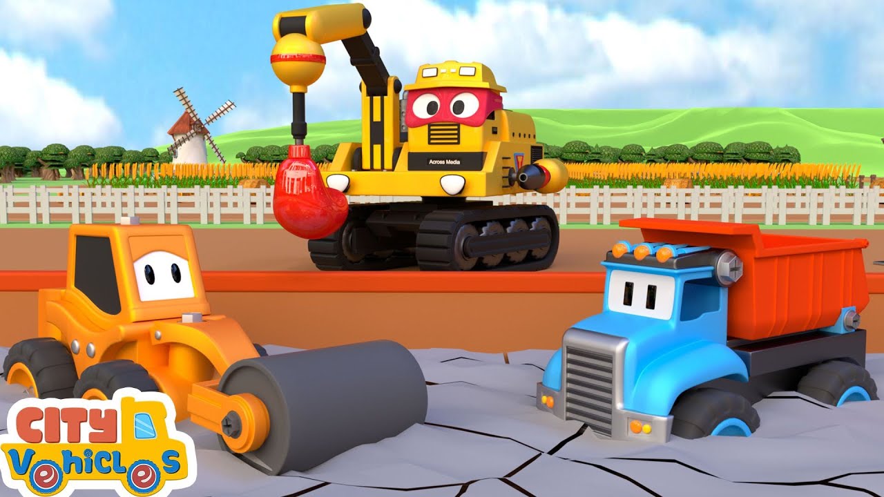 Super helicopter build water wheel .Bulldozer, Excavator, Drill Truck and Dump Trucks for Kids.