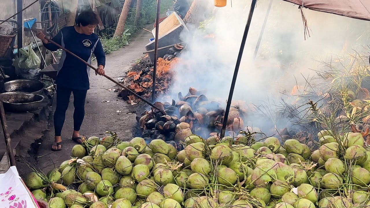 Amazing!! Burn Coconut Cutting Skills - Traditional Roast Coconut in Thailand - Thai Street Food