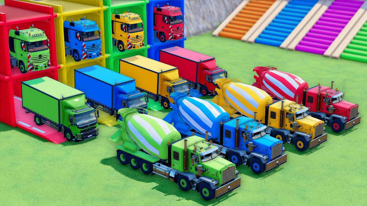 TRANSPORT OF COLOR - ALL MIXER TRUCK WITH DOUBLE FLATBED TRAILER TRUCKS, MAN, VOLVO, KENWORTH ! FS22