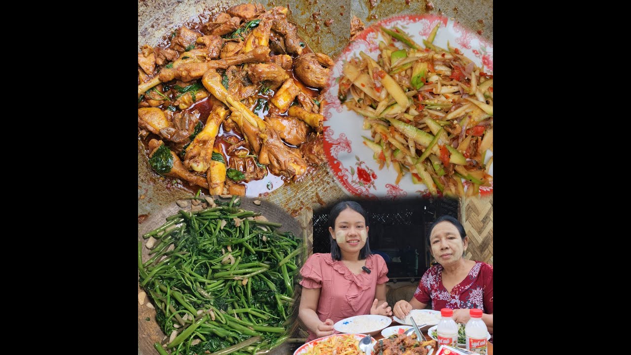 အိမ်ချက်ကြက်သားဟင်းဆီပြန် ကန်စွန်းရွက်ကြော်နဲ့ သရက်သီးသုပ်တွေကိုအမိုးနဲ့အတူထမင်းစားလို့မြိန်😋