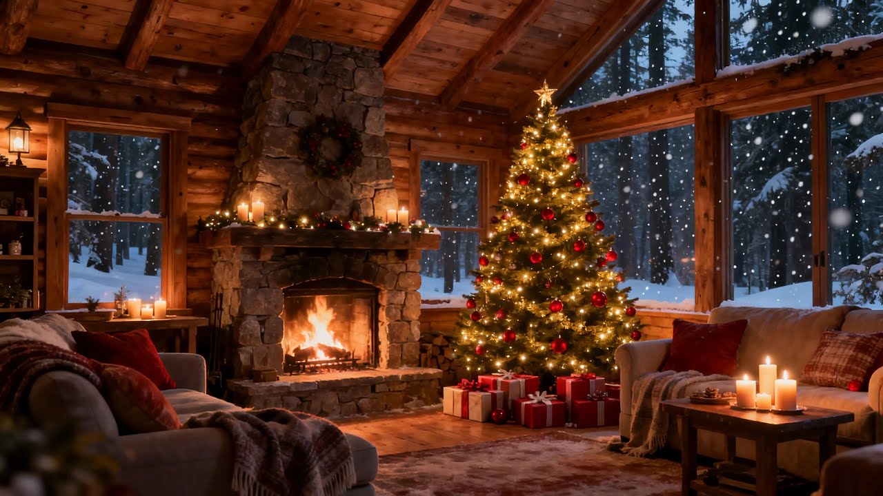 Атмосфера лесного домика на Рождество 🎄 Уютный камин и мягкий джаз с падающим снегом 🔥