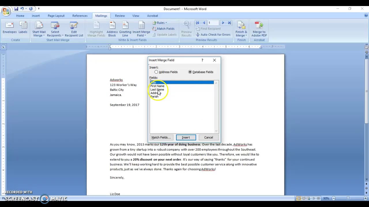 Creating the Main Document - Inserting Merge Fields