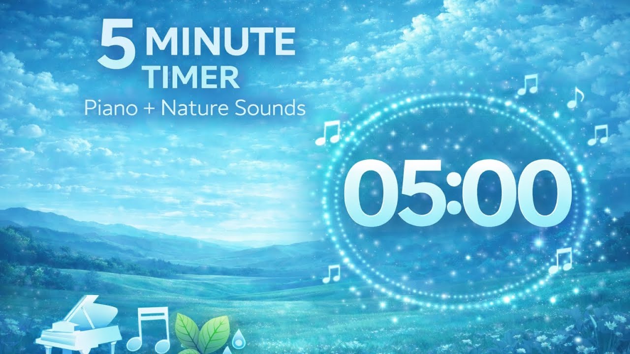 5 Minute Countdown Timer | Meadow Clouds, Piano & Birds | Calm Focus Break