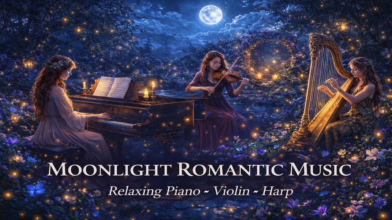 Moonlight Romantic Music 🌙 Relaxing Piano, Violin & Harp for Sleep, Study & Calm Nights (1 Hour)