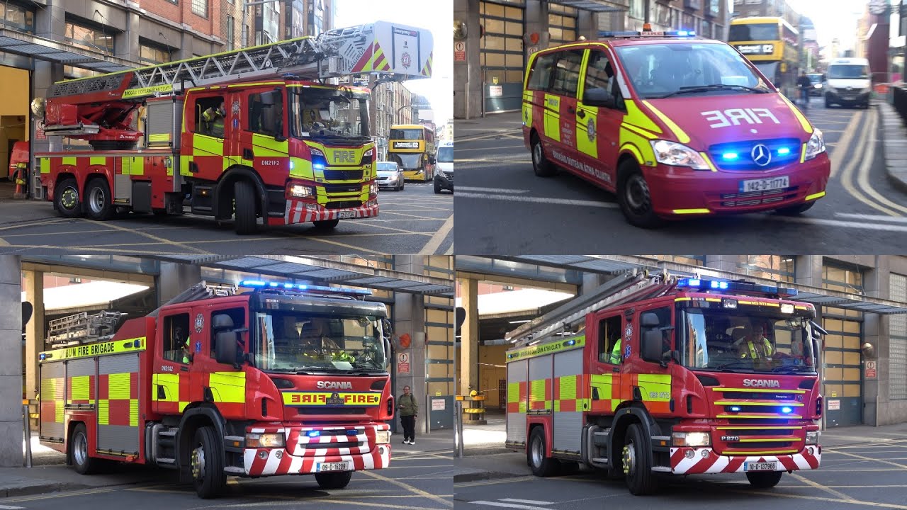 LARGE TURNOUT DUBLIN FIRE BRIGADE HQ! Ladder truck, 2 engines and district officer responding! #1668