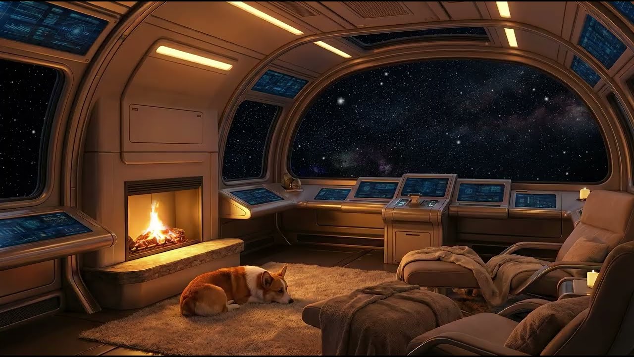 Warm Cosmic Fireplace in a Futuristic Space Cabin | Cozy 4K Ambience with a Sleeping Pembroke Corgi