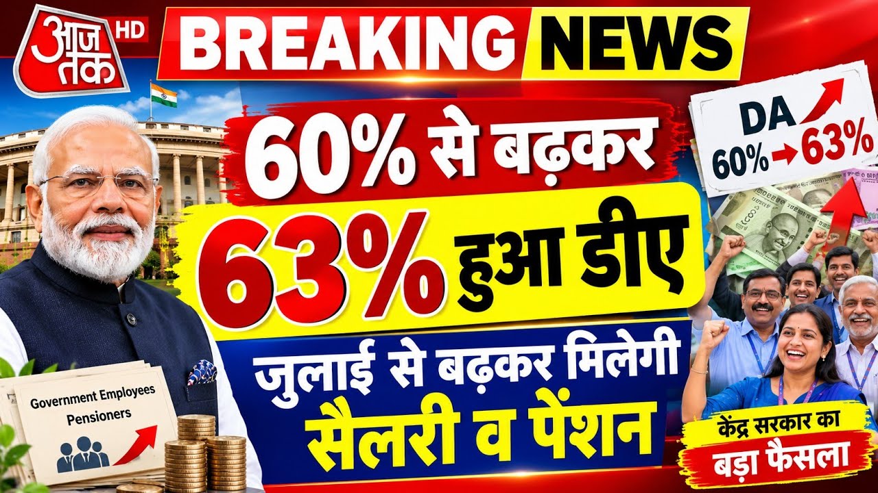 60% से बढकर 63% हुआ डीए जुलाई से बढ़कर मिलेगी सैलरी व पेंशन #8thcpc #da #pension #modi #centralemploy