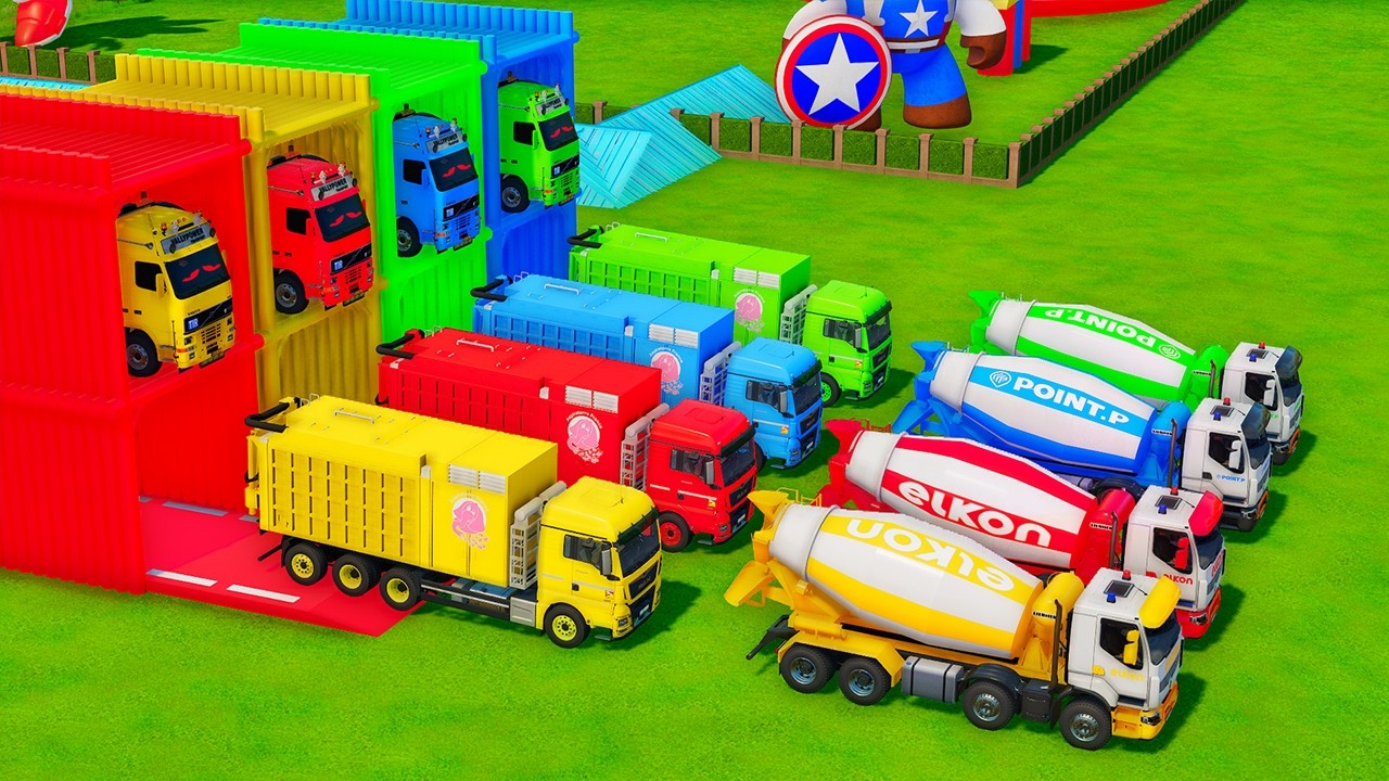 Garage with Colors - ALL MIXER TRUCK WITH DOUBLE FLATBED TRAILER TRUCK, MERCEDES, RENAULT, SCANIA