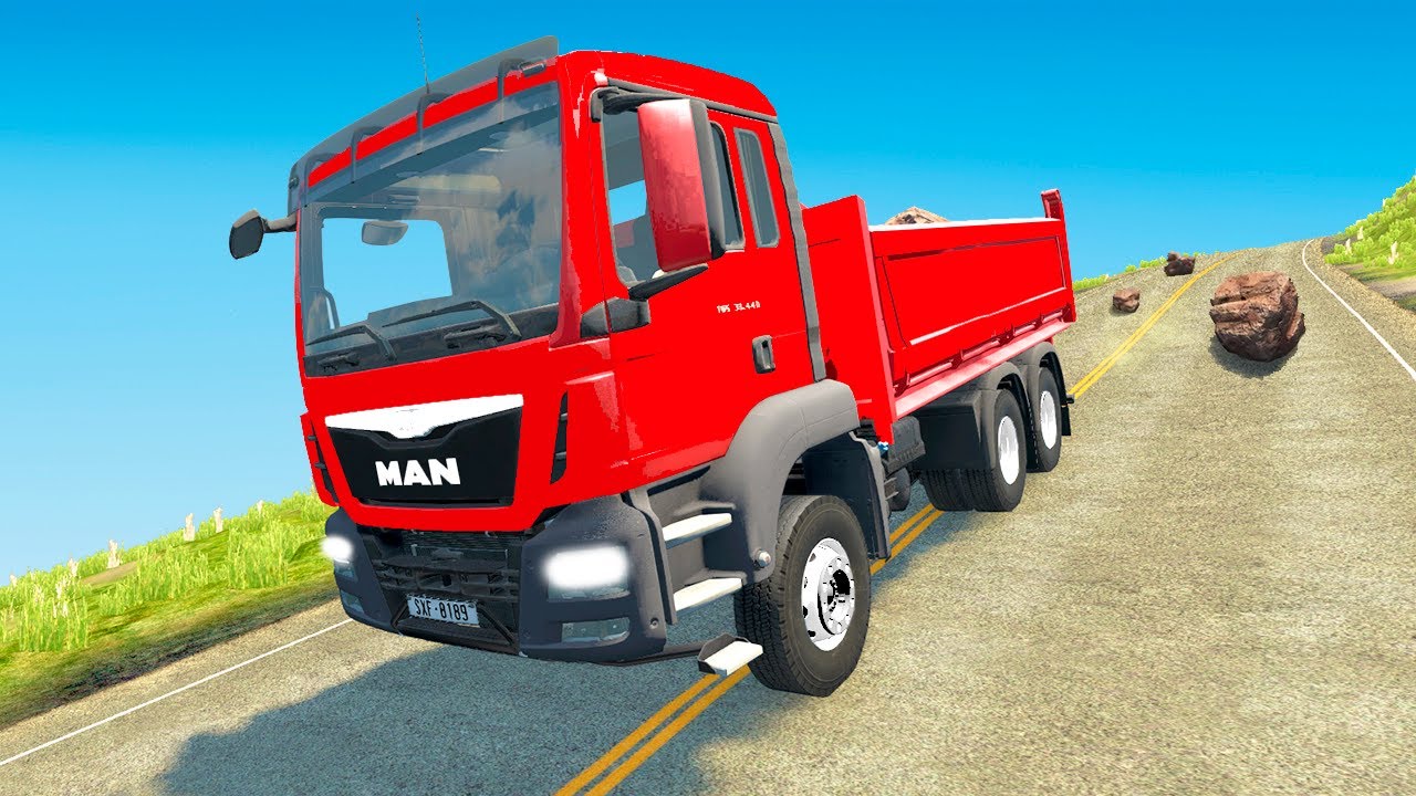 CRASH FLATBED TRUCK STONES on the road Dangerous Descent Death Race without brakes – BeamNG Drive