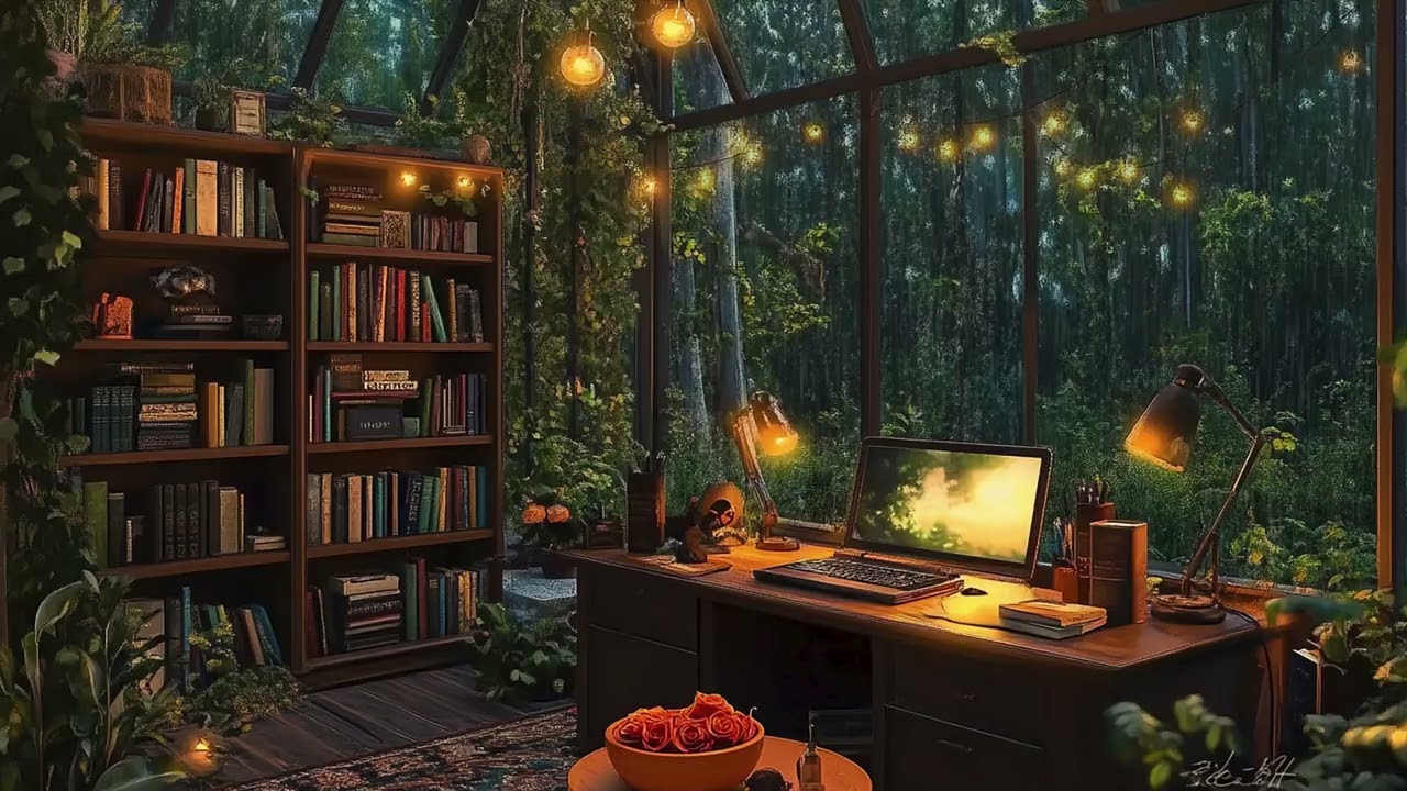Aesthetic Forest Study Space Ambience 📚 Rain on Window for Deep Focus & Creativity