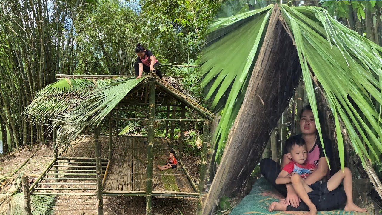 Single mother and son go into the forest to cut leaves to complete the roof