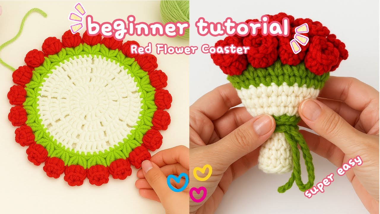 Crochet Coaster Flower Bouquet 🌹|  Red Flower Crochet Ideas | Crochet for Beginners