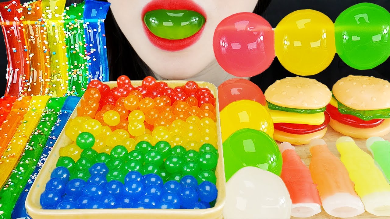 ASMR RAINBOW JELLY NOODLES & POPPING BOBA & HAMBURGER JELLY & KYOHO JELLY & NANA EATING SOUND