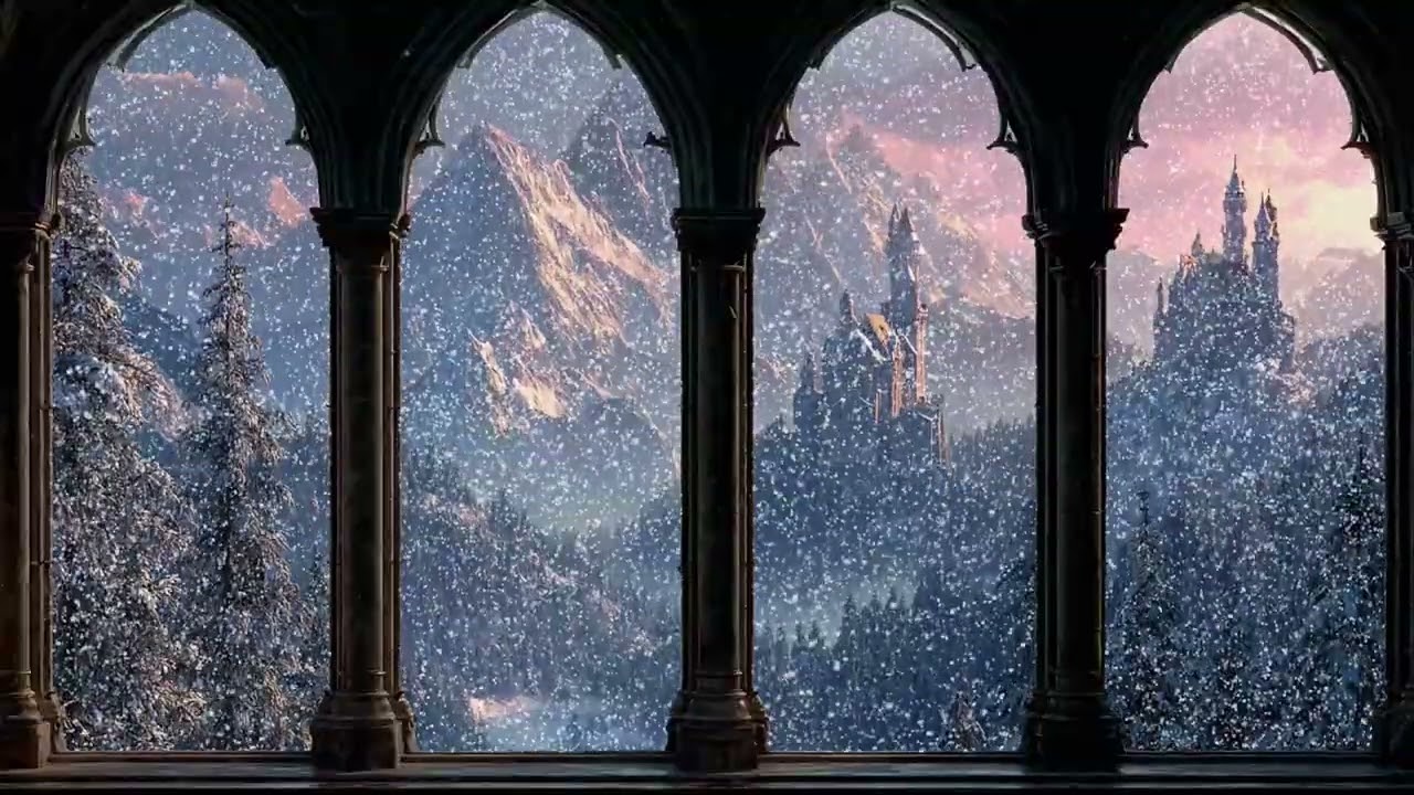 Piano ASMR to Quiet Insomnia with Gentle Snowfall Beyond a Warm Castle Balcony at Night