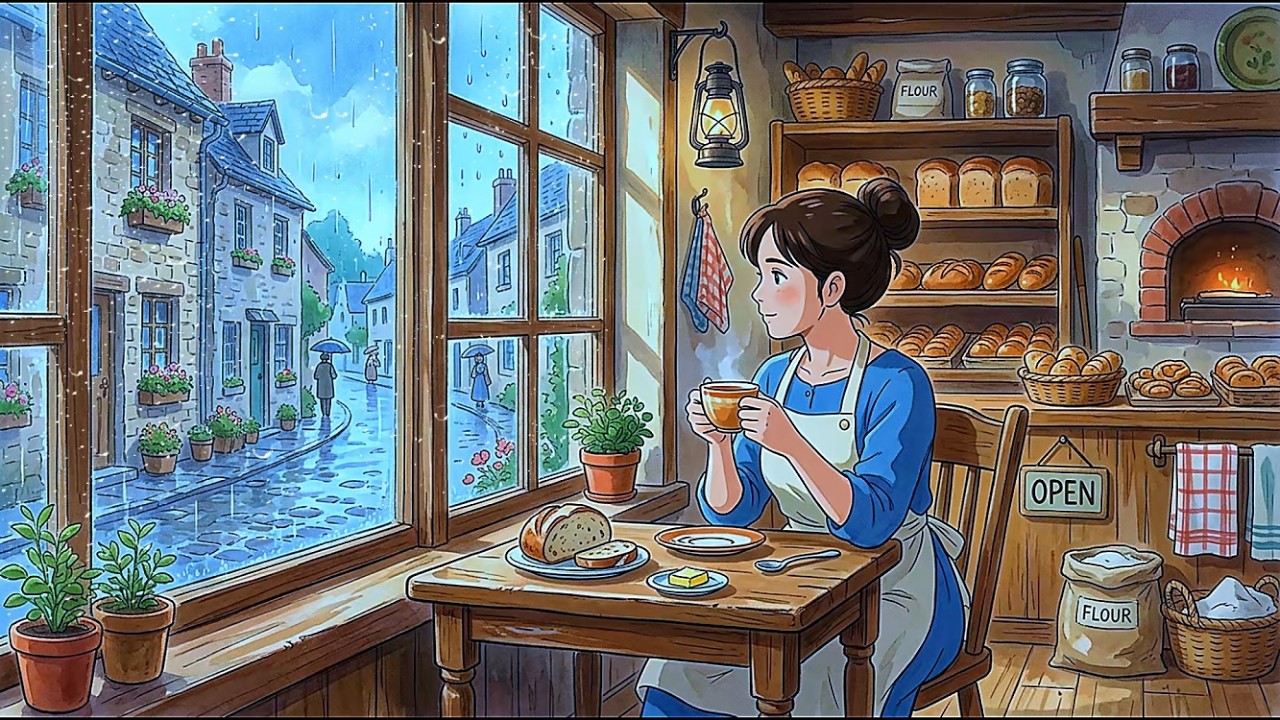 Gentle Rain at a Village Bakery (Warm Bread, Wooden Oven, Quiet Morning) | Ghibli-Style ASMR